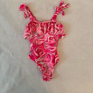 Girls Pink & Silver Ruffle One Piece Tommy Bahama Swimsuit Size 7